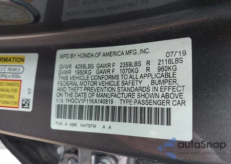 2019 Honda Accord Lx z USA, uszkodzony, nr VIN 1HGCV1F11KA140819